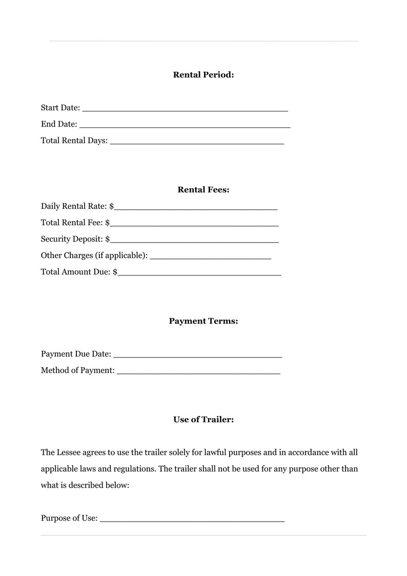 Editable Trailer Rental Agreement Template, Trailer Rental Contract ...