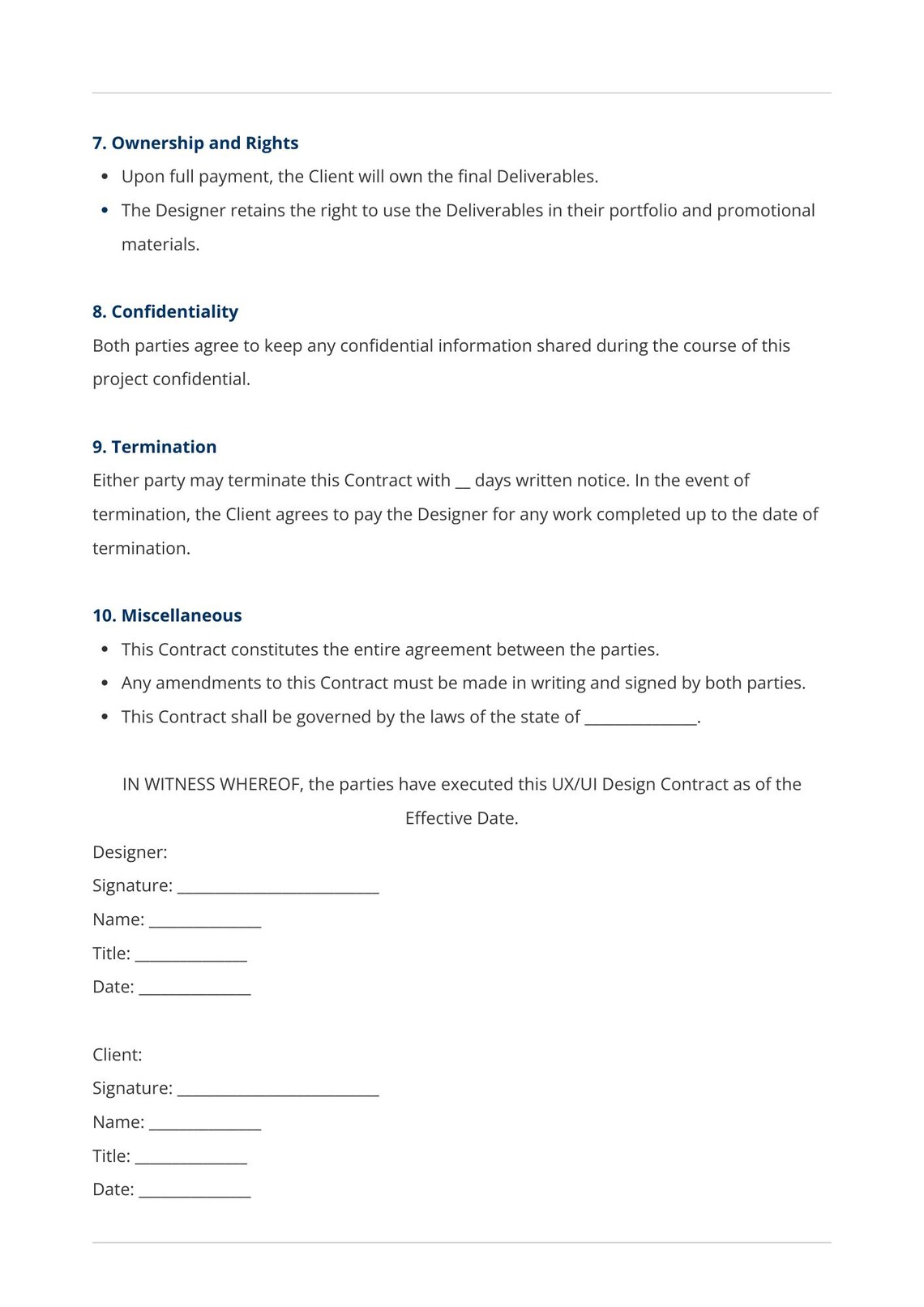 Professional UX/UI Design Contract Template - Customizable Designer ...