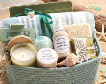 Verde Tide Beach Gift Basket/ Aloe Infused Bath & Body/ Soy Candle/ Turkish Towel/ Summer Gifts