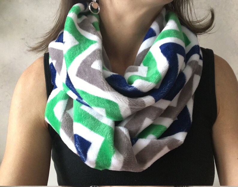 Winter Infinity Scarf, Green, White and Navy Chevron image 1