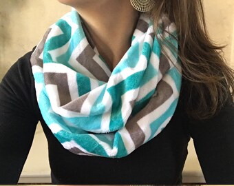 Chevron Minky Infinity Scarf Turquoise and Gray