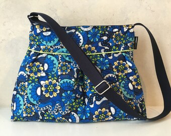 Quilted Purse, Blue, Green, Yellow Floral handbag with Key strap