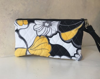 Handmade Wristlet Clutch, Mod Yellow Floral Design