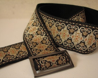 WIDE EVA BELT- Ladies Belt, Black and Gold JAcquard Trim with Adjustable buckle Size Small