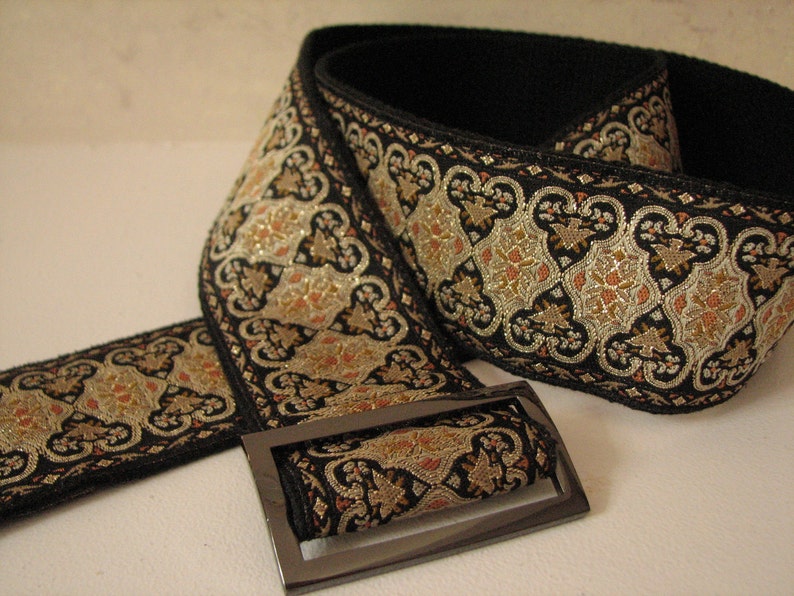 WIDE EVA BELT Ladies Belt, Black and Gold JAcquard Trim with Adjustable buckle Size Small image 1