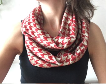 Winter Infinity Scarf, Brick Red and Tan houndstooth