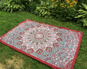 Stake Down Picnic Blanket, Brick Red, Steel Blue and White Boho Tapestry