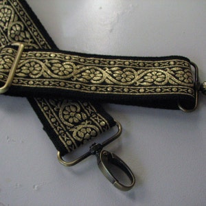 Handbag Strap, Black and Metallic Gold Trim with Antique Brass Hardware, 2 Inch Width image 2