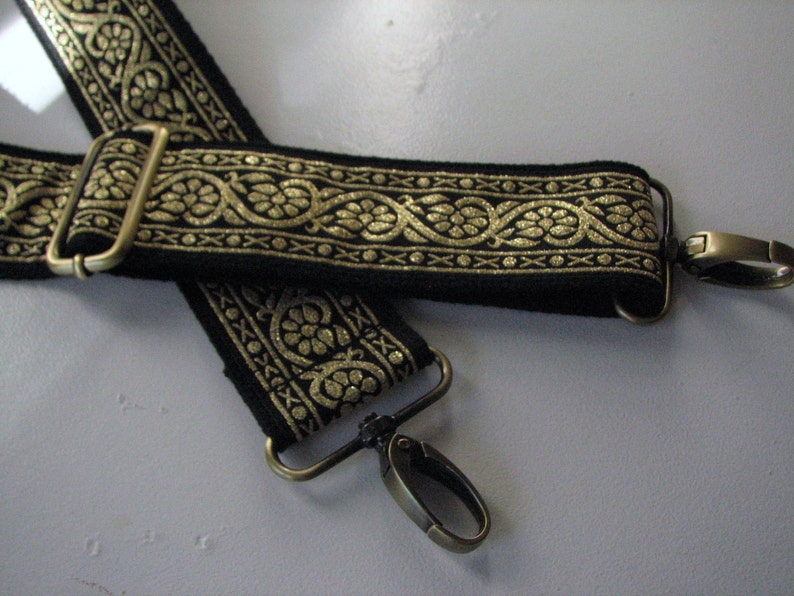 Handbag Strap, Black and Metallic Gold Trim with Antique Brass Hardware, 2 Inch Width image 2