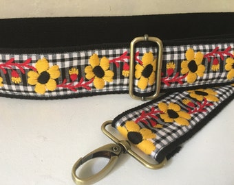 Bag Strap, Adjustable Guitar Strap Style - Yellow Flower Gingham Trim, 2 inch wide