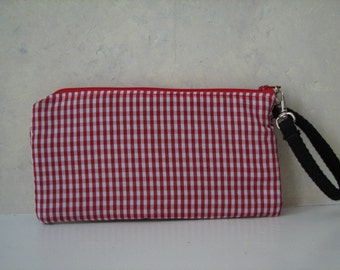 Handmade Wristlet Clutch Red and White Gingham