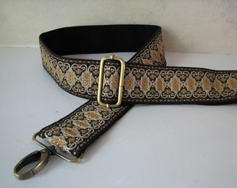 Custom Bag Strap,  Black and Gold Design 2 inches wide with Black Backing