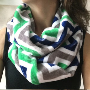 Winter Infinity Scarf, Green, White and Navy Chevron image 2