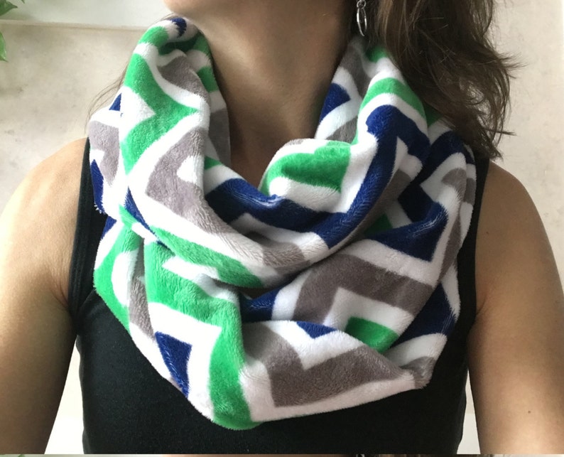 Winter Infinity Scarf, Green, White and Navy Chevron image 2