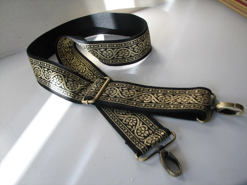 Handbag Strap, Black and Metallic Gold Trim with Antique Brass Hardware, 2 Inch Width image 4