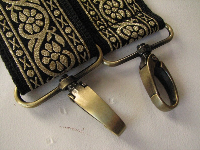 Handbag Strap, Black and Metallic Gold Trim with Antique Brass Hardware, 2 Inch Width image 3