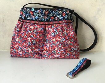 Quilted Purse, Red, White and Blue Floral handbag with Key strap