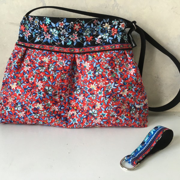 Quilted Purse, Red, White and Blue Floral handbag with Key strap