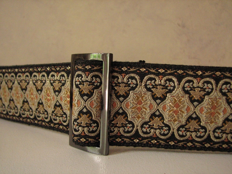 WIDE EVA BELT Ladies Belt, Black and Gold JAcquard Trim with Adjustable buckle Size Small image 3