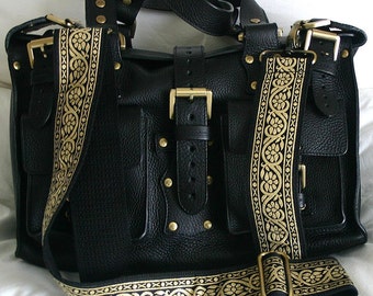 Handbag Strap, Black and Metallic Gold Trim with Antique Brass Hardware, 2 Inch Width