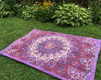 Stake Down Picnic Blanket, White, Purple, Red and Blue Boho Tapestry