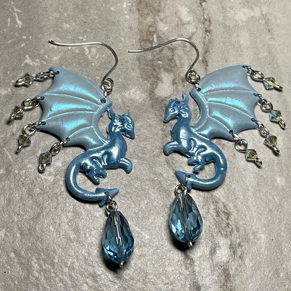 Icy Blue Dragon Earrings with Swarvoski Crystals, Glass Beads, and Sterling Silver Ear Wires