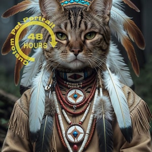 May include: A digitally enhanced portrait of a cat in Native American ceremonial dress. The cat is adorned with a feathered headdress, beaded necklaces, and a fringed jacket. The image includes the text "Custom Pet Portrait 48 Hours" in a yellow circle.