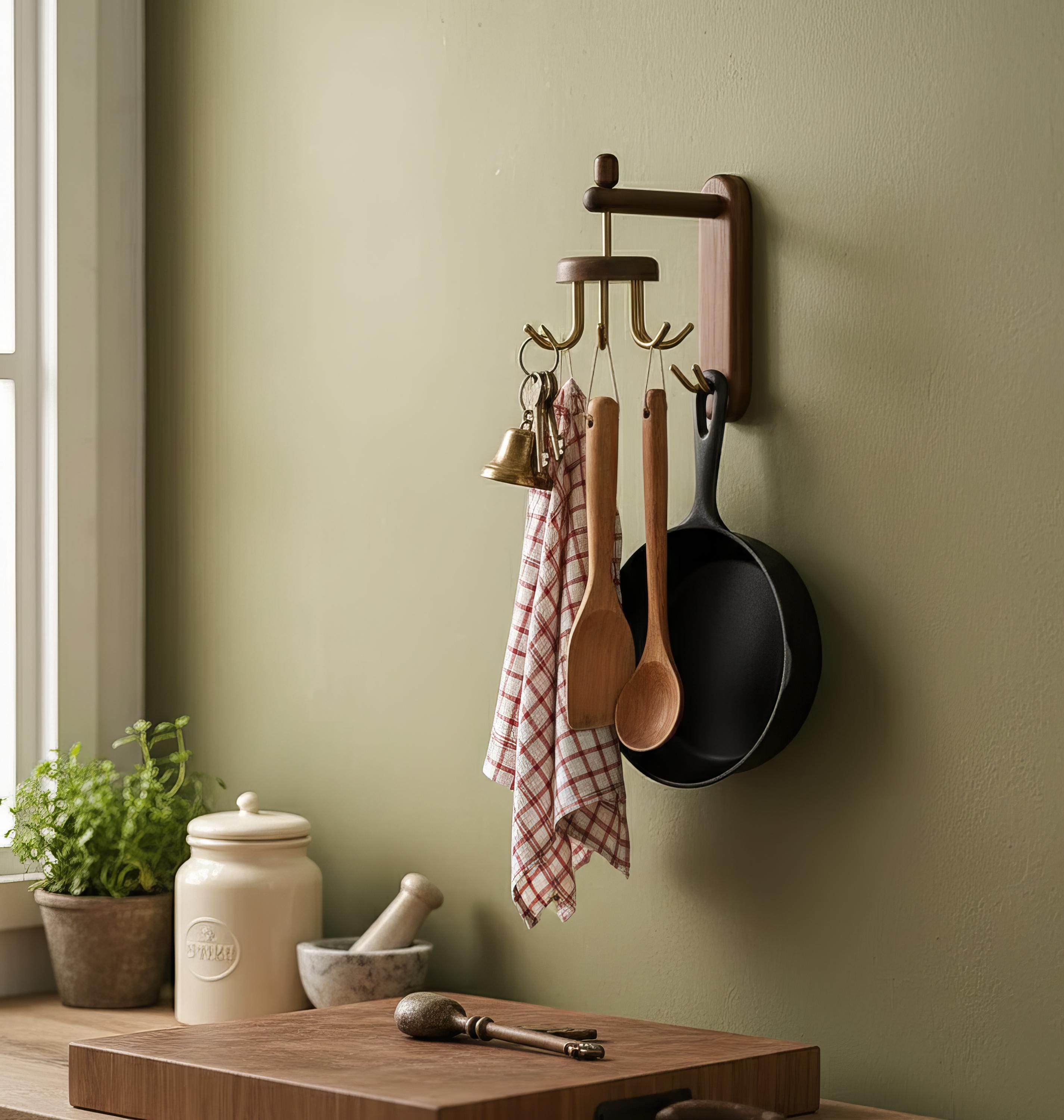 Solid Walnut Wall Rack – Metal Hook Kitchen Organizer, Rustic Farmhouse ...