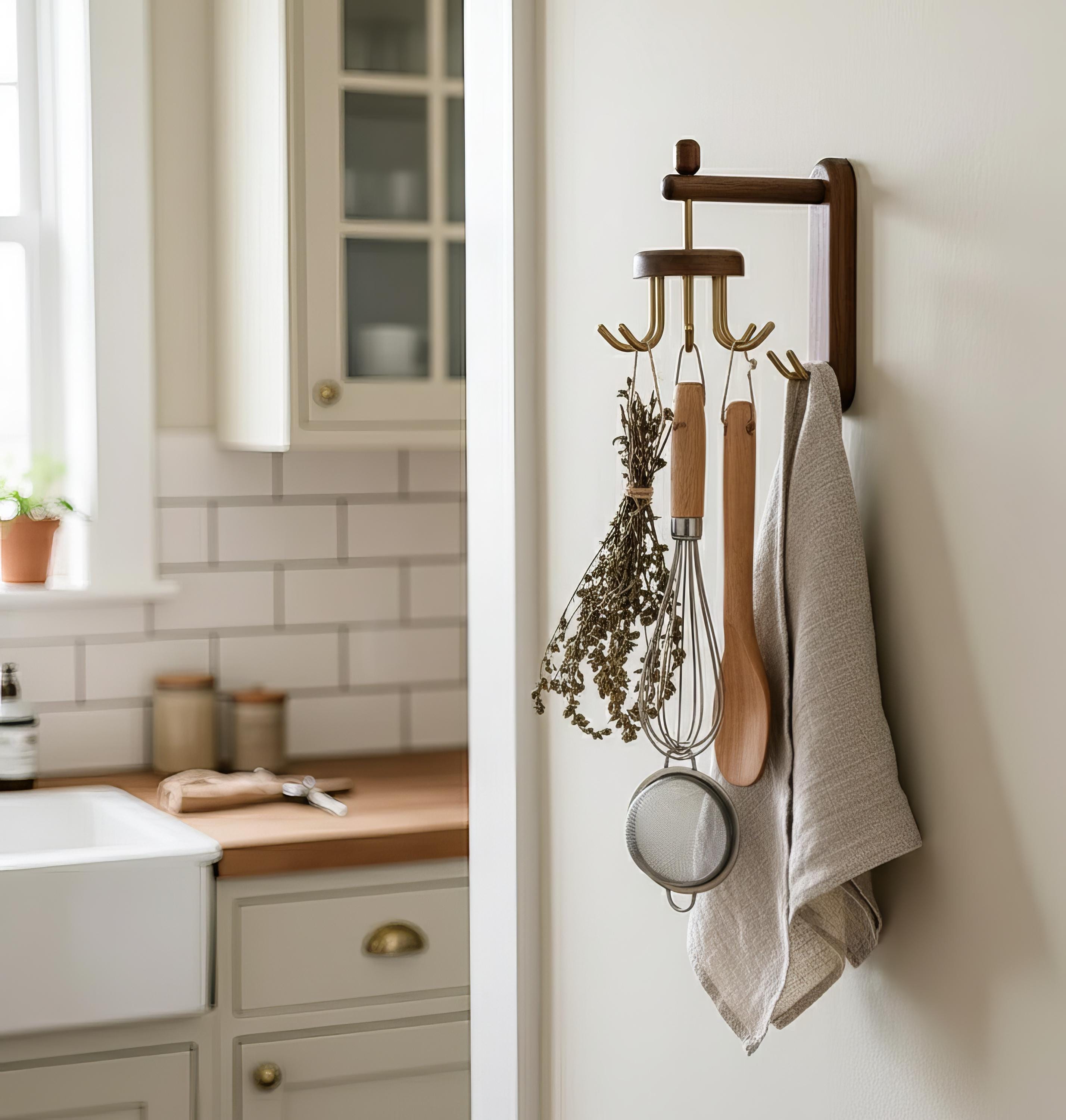 Solid Walnut Wall Rack – Metal Hook Kitchen Organizer, Rustic Farmhouse ...