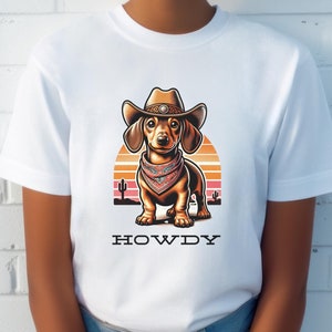 Dachshund Cowboy T-Shirt, Cute Western Doxie Tee, Cartoon Wiener Dog in Cowboy Hat, Funny Dog Mom Gift, Country Style Pet Lover Apparel