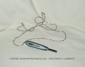 Seam Ripper Necklace, Artisan Handcrafted in Spectraply (a wood laminate),  Single Small Blade, Chrome Finish, Sewing, Quilting