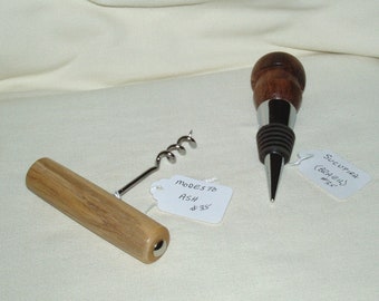 Bottle Stopper and Corkscrew Combo #35, ( 2 pieces), Artisan Handcrafted in Sucupira and Modesto Ash woods, Gift, Men, Women, Any Occasion