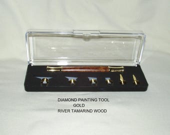 Diamond Painting Tool Set,  Handcrafted Handle in River Tamarind wood, Gold Trim, Square & Round Diamond Metal Tips, Storage Case