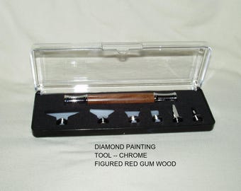 Diamond Painting Tool Set,  Handcrafted Handle in Figured Red Gum wood, Chrome Trim, Square & Round Diamond Metal Tips, Storage Case