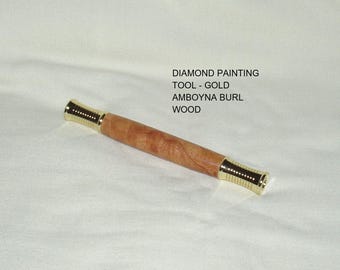 Diamond Painting Tool Set, Artisan Handcrafted Handle in S.E. Asian Amboyna Burl, Gold Trim, Square & Round Diamond Metal Tips, Storage Case