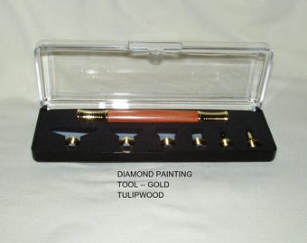 Diamond Painting Tool Set,  Handcrafted Handle in Tulipwood, Gold Trim, Square & Round Diamond Metal Tips, Storage Case