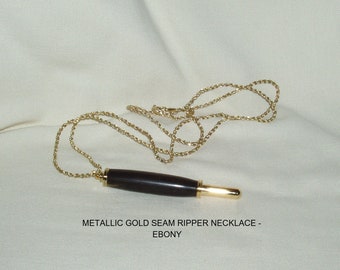 Seam Ripper Necklace, Artisan Handcrafted in Ebony,  Single Small Blade, Metallic Gold  Finish, Sewing, Quilting