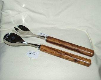 Serving Utensil Set of 2, Artisan Handcrafted Handles in Cambodian Ormosa Wood, Stainless Steel Servers, Gift, Entertainment, Salad, Food,