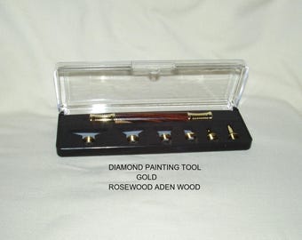 Diamond Painting Tool Set,  Handcrafted Handle in Rosewod Aden wood, Gold Trim, Square & Round Diamond Metal Tips, Storage Case