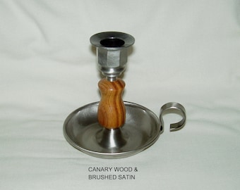 Handcrafted Brushed Satin Candle Holder with Canary Wood Stem