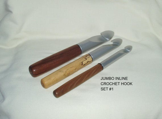 Jumbo Inline Crochet Hook Kit Set (3 pcs), Artisan Handcrafted Wood Handles; Aluminum Hook Sizes P/19 (15mm); S/50 (20mm); T (25mm)
