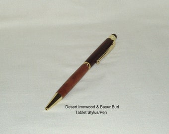 Touch Tablet Stylus Pen in Gold, Artisan Handcrafted in Desert Ironwood & Bayur Burl,  Office, School, Gift, Graduation, Christmas, Men