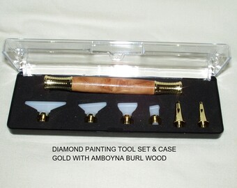 Diamond Painting Tool Set, Artisan Handcrafted Handle in S.E. Asian Amboyna Burl, Gold Trim, Square & Round Diamond Metal Tips, Storage Case