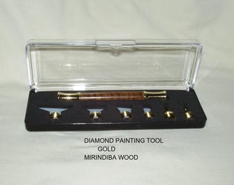 Diamond Painting Tool Set,  Handcrafted Handle in Mirindiba wood, Gold Trim, Square & Round Diamond Metal Tips, Storage Case