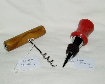 Bottle Stopper and Corkscrew Combo #4, ( 2 pieces), Artisan Handcrafted in Figured Itauba & Pink Ivory Woods, Gift, Men, Women, Any Occasion