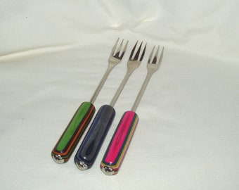 Ensemble n° 2 de fourchettes à charcuterie, manches artisanaux en stratifié de bois brillant, 3 pcs, fourchettes en acier inoxydable, cadeau, divertissement, nourriture