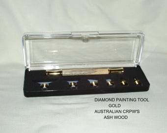 Diamond Painting Tool Set,  Handcrafted Handle in Australian Crow's Ash wood, Gold Trim, Square & Round Diamond Metal Tips, Storage Case