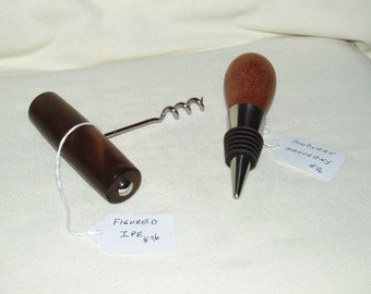 Bottle Stopper and Corkscrew Combo #36, ( 2 pieces), Artisan Handcrafted in Honduran Mahogany & Figured Ipe, Gift, Men, Women, Any Occasion