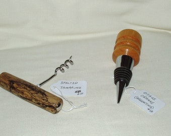 Bottle Stopper and Corkscrew Combo #28, ( 2 pieces), Artisan Handcrafted in Osage Orange & Spalted Tamarind, Gift, Men, Women, Any Occasion