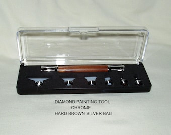 Diamond Painting Tool Set,  Handcrafted Handle in Hard Brown Silver Bali wood, Chrome Trim, Square & Round Diamond Metal Tips, Storage Case